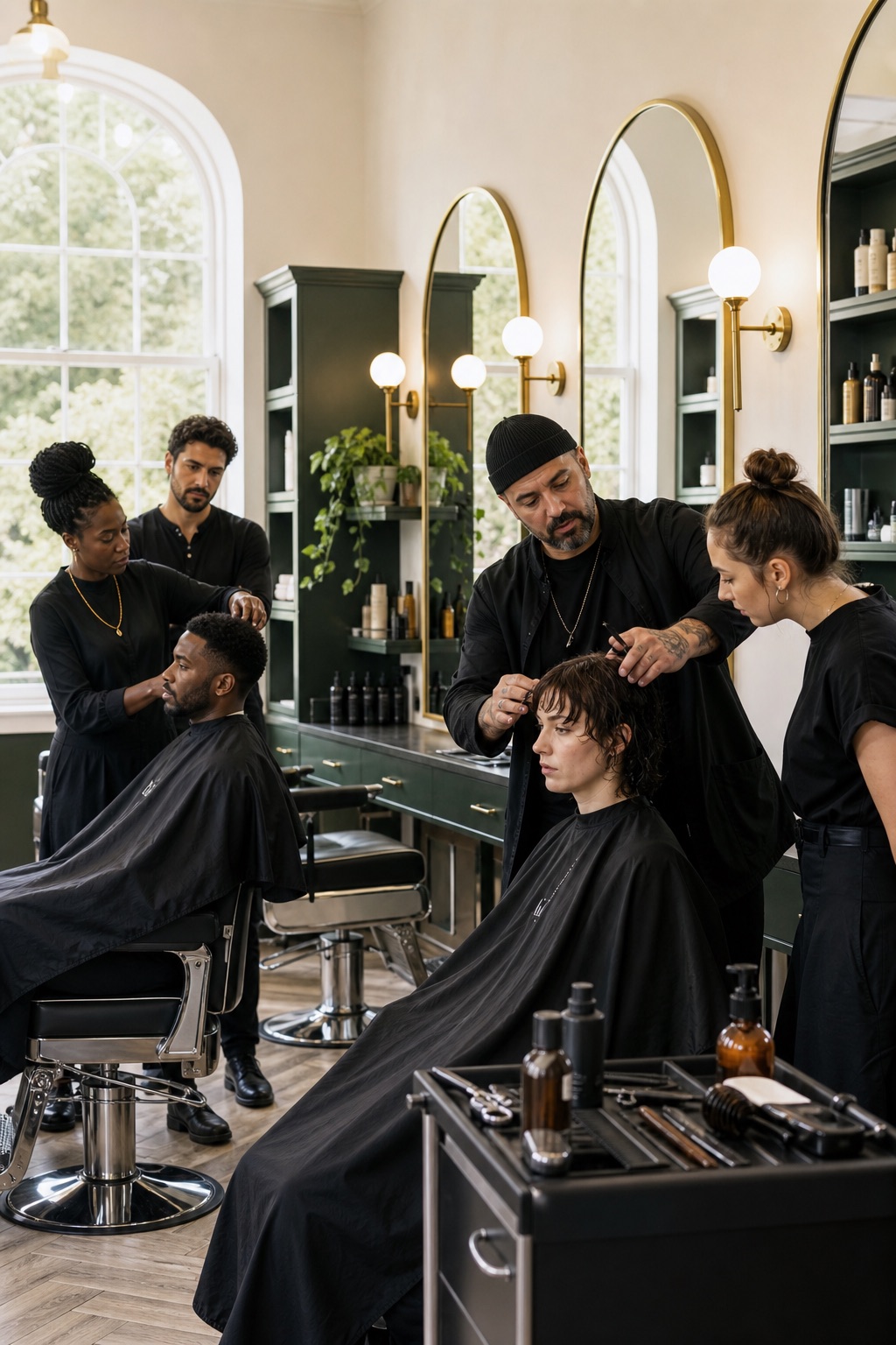 Illustrative hairdressing lesson showing a tutor demonstrating cutting while a student watches