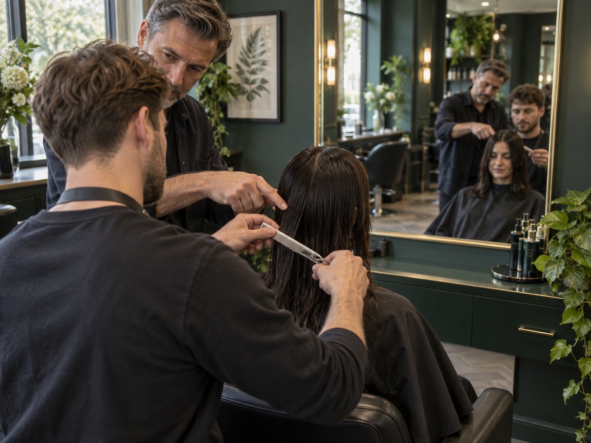 Illustrative bespoke hairdressing lesson viewed over the learner’s shoulder