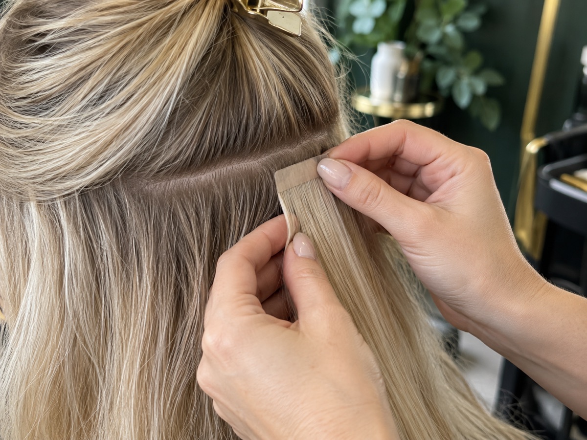 Illustrative close-up of tape-in hair extension application