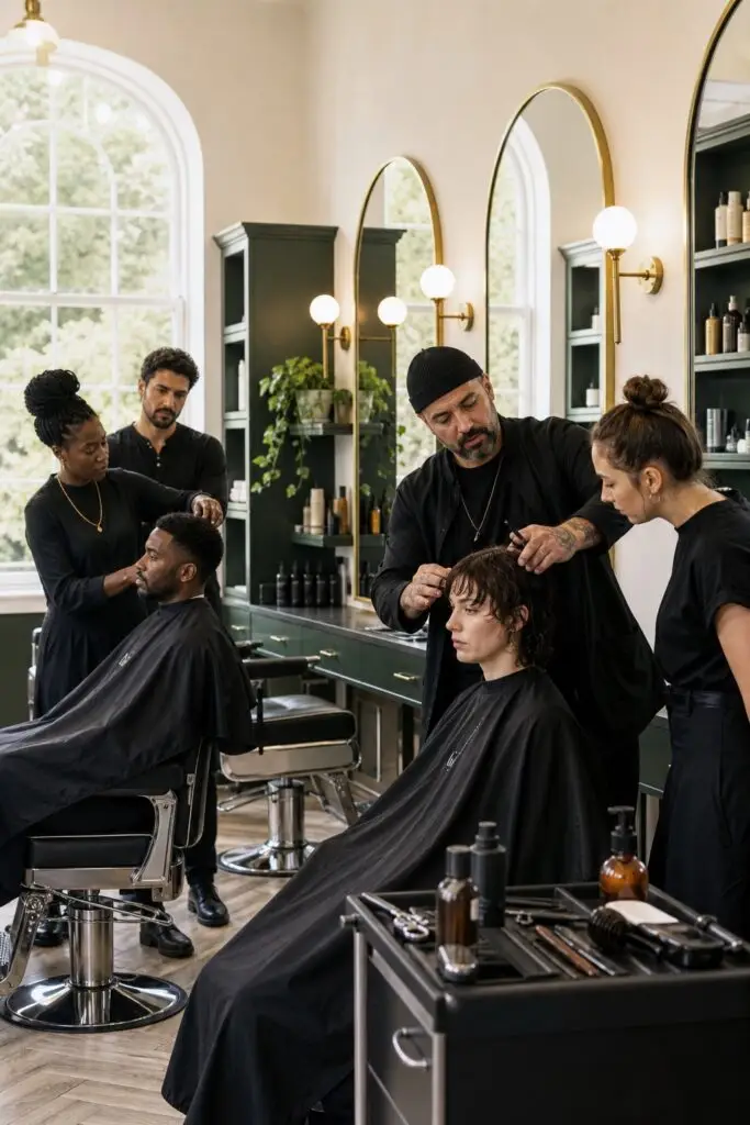 Adult hairdressing and barbering students learning with educators at HeadHunters Academy