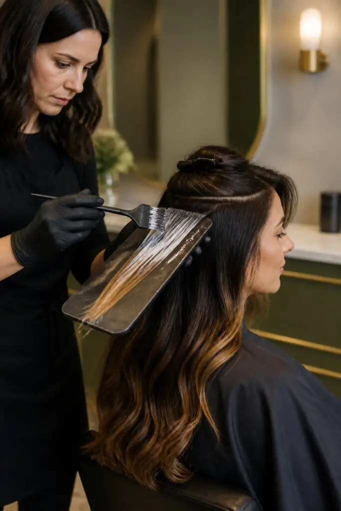 Colourist hand painting balayage lightener with deliberate placement and saturation