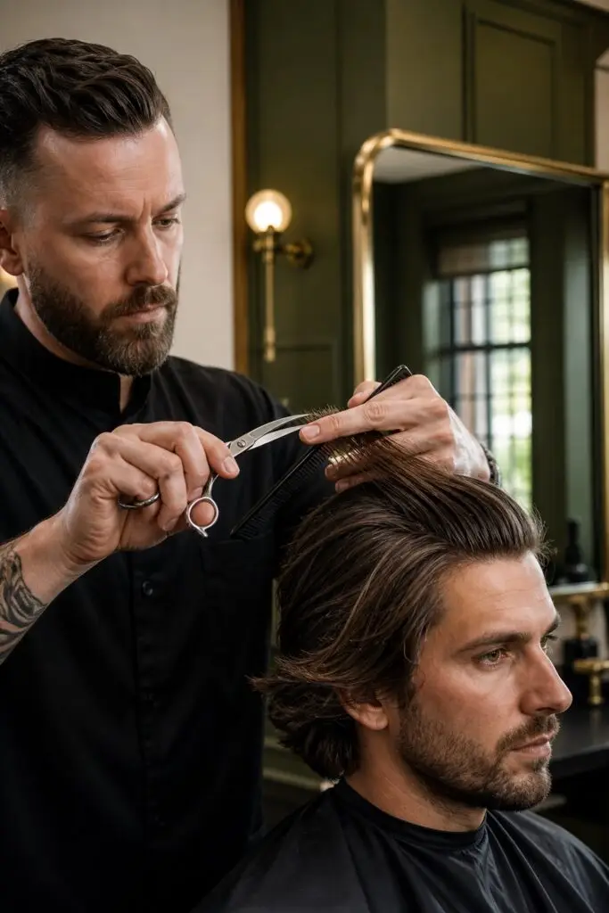 Advanced barber using scissor over comb techniques on longer men's hair