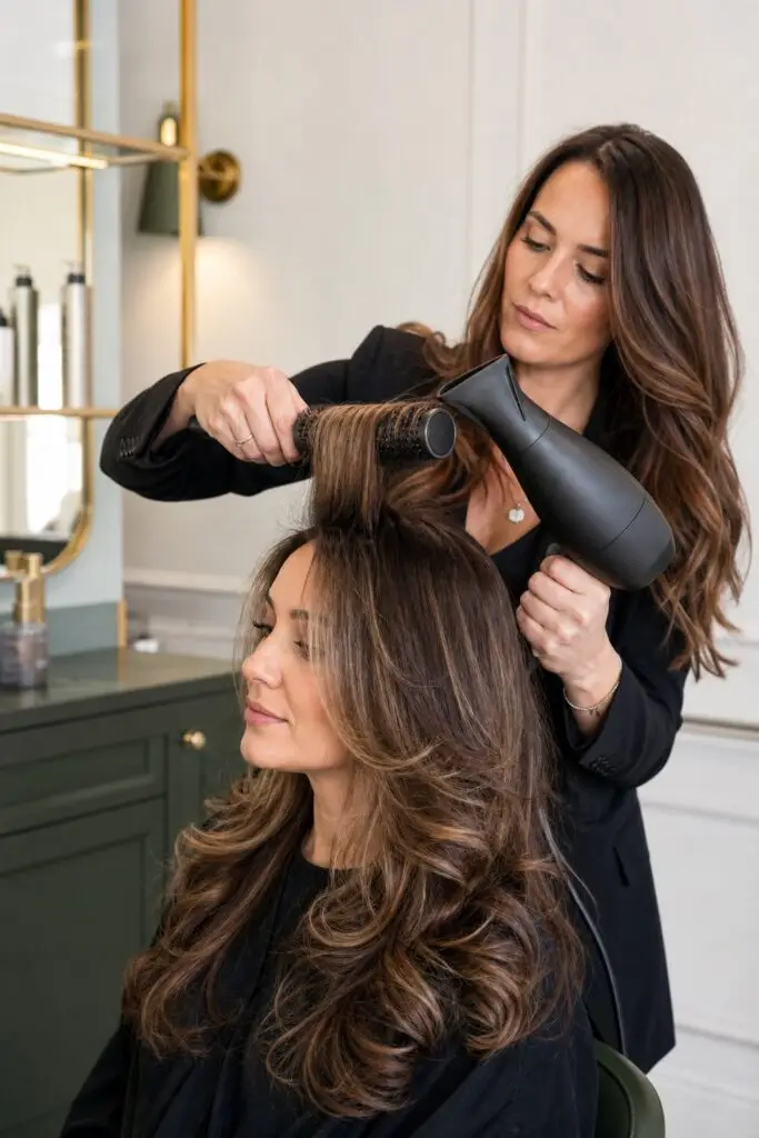 Stylist creating polished curls with a round brush and professional hairdryer