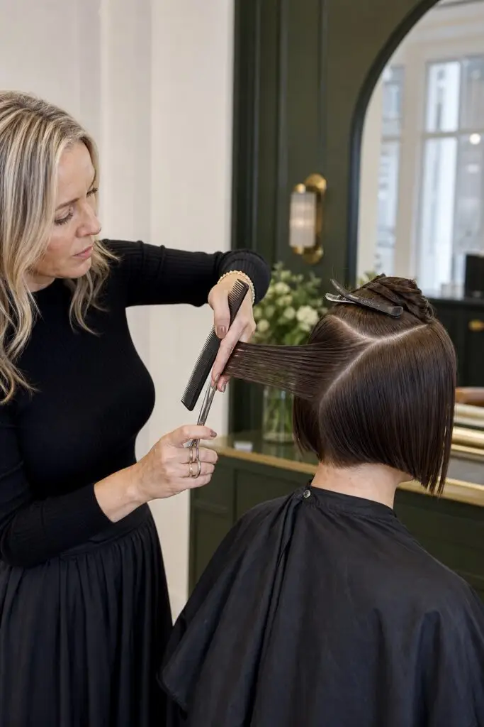 Stylist using controlled elevation and clean sectioning to cut a graduated bob