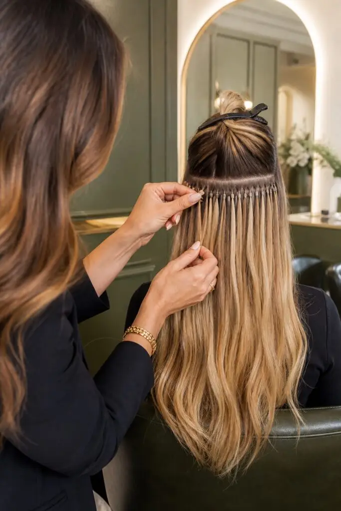 Hair extension specialist applying discreet extensions in precise rows
