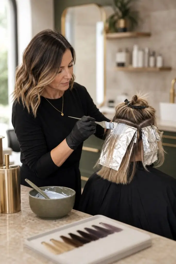 Colourist applying lightener to clean foil sections during lightening and toning training