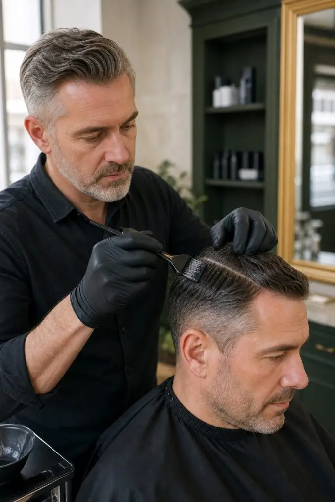 Barber colourist applying a natural grey blending colour to short men's hair