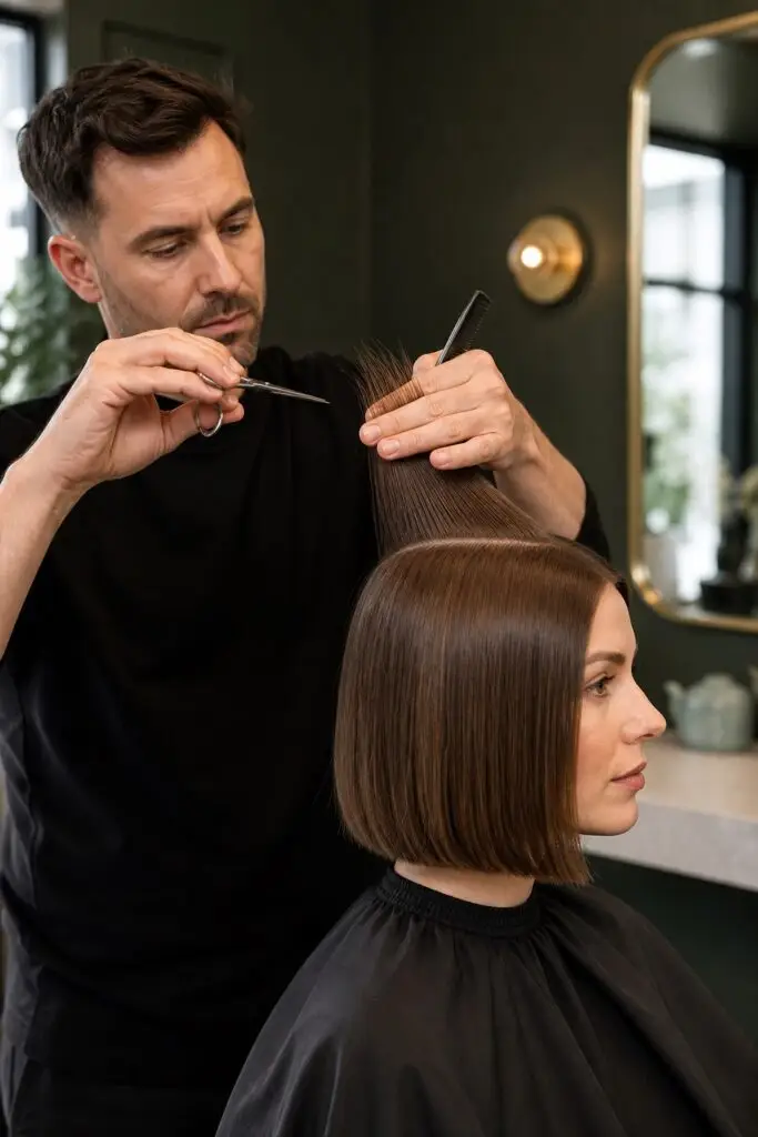 Hair educator demonstrating precise sectioning tension and cutting control