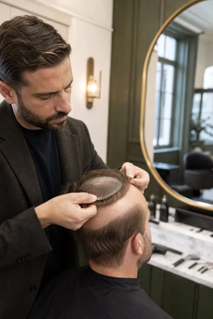 Hair replacement specialist positioning a polyurethane hair system for a natural blend