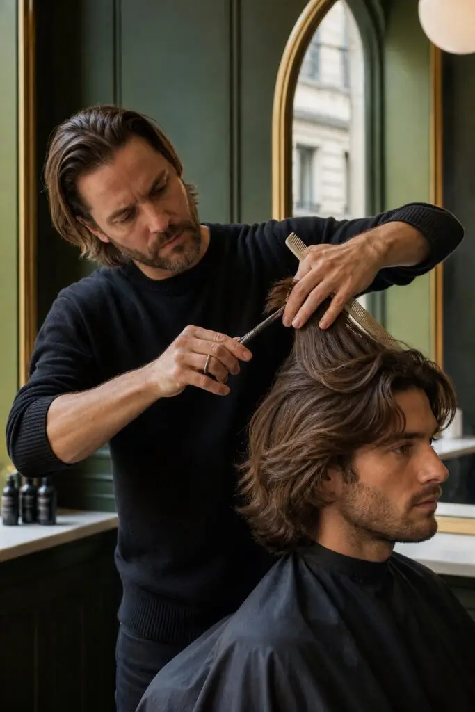 Barber shaping medium length men's hair using scissors and comb