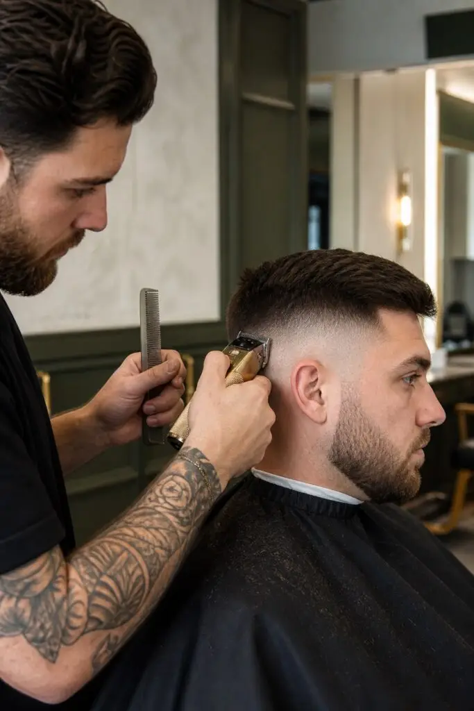 Barber creating a precise skin fade with a smooth clipper transition