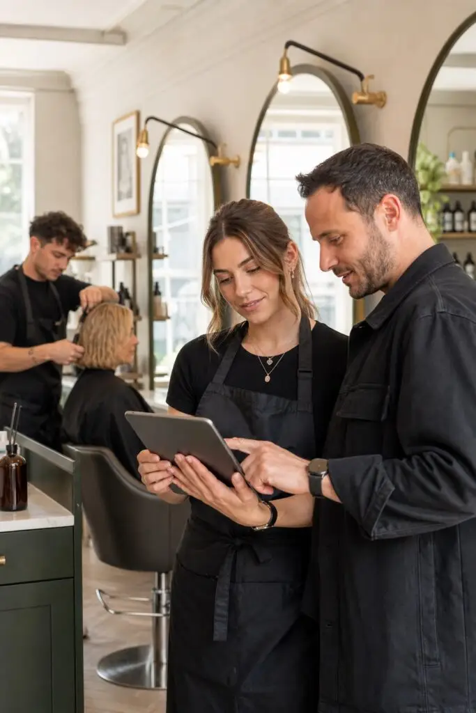 Hairdressing student and educator reviewing a digital learning plan beside a working salon station