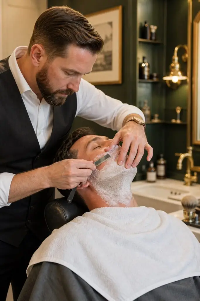 Barber performing a traditional wet shave with safe straight razor technique